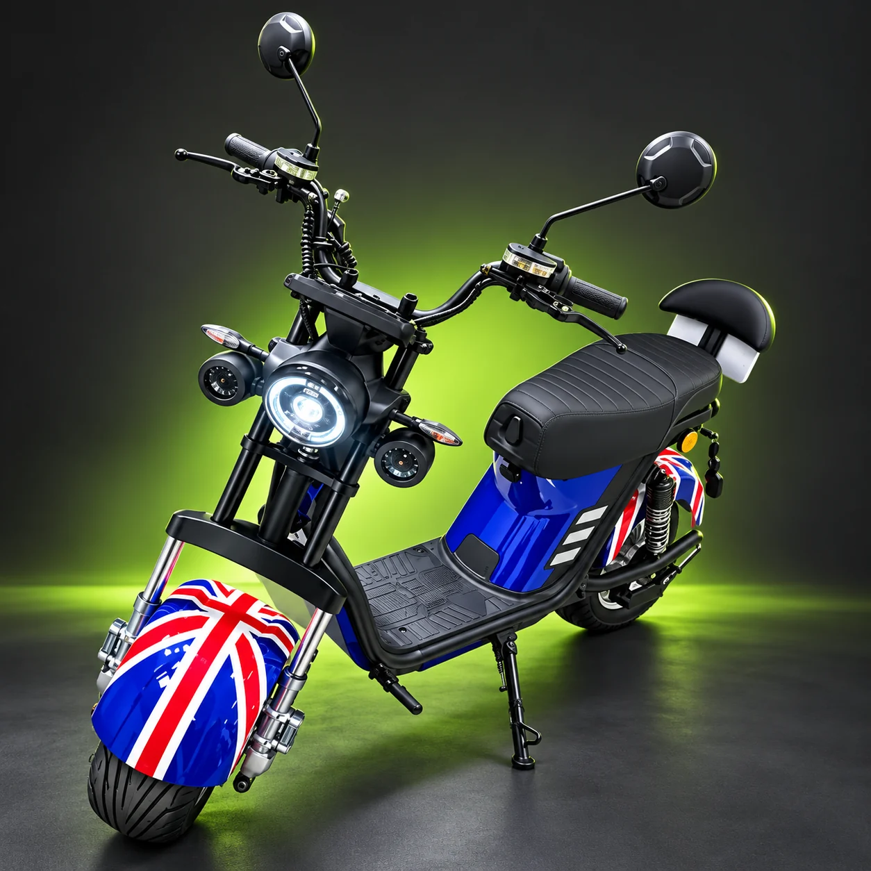 Bicicleta elétrica azul e preta