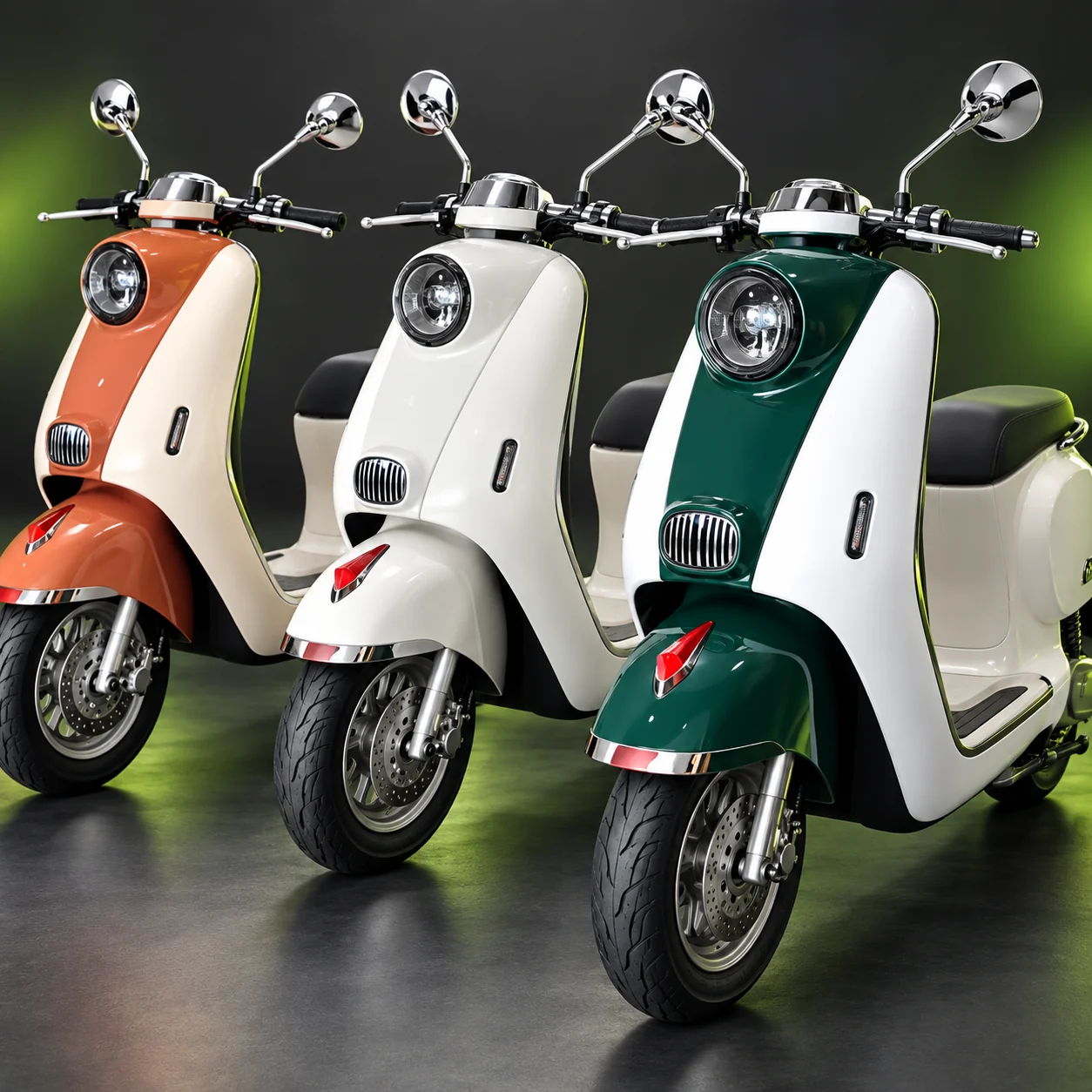 Três scooters elétricas nas cores laranja, branca e verde